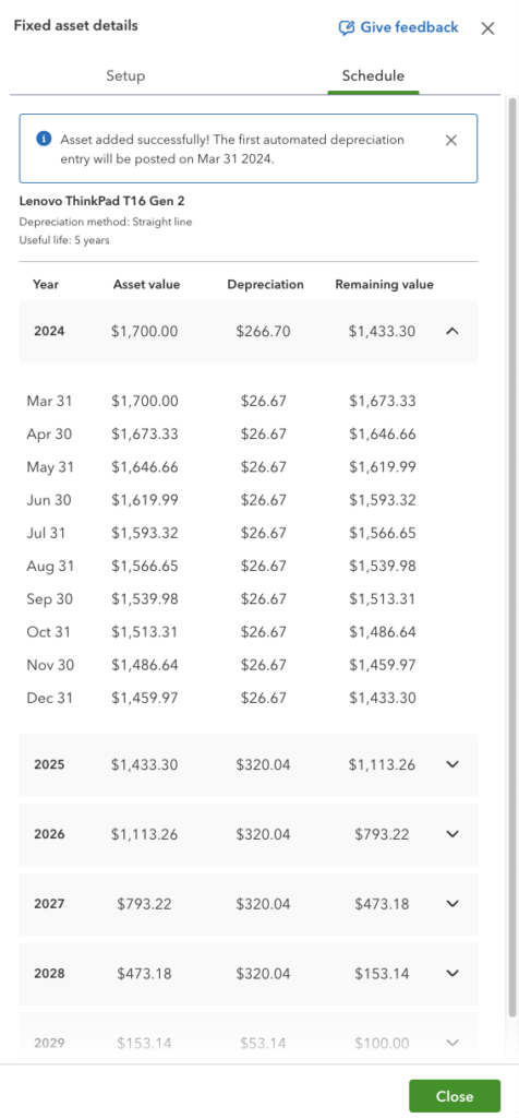 Image showing the depreciation schedule generated by QuickBooks Online after entering a new asset.